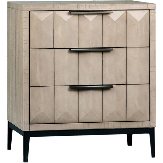 Sawyer Pine Modern 3-Drawer Nightstand by Arch & Plane in light grey wash sealed finish, black base. Made from solid pine wood, metal base in a unique style.
