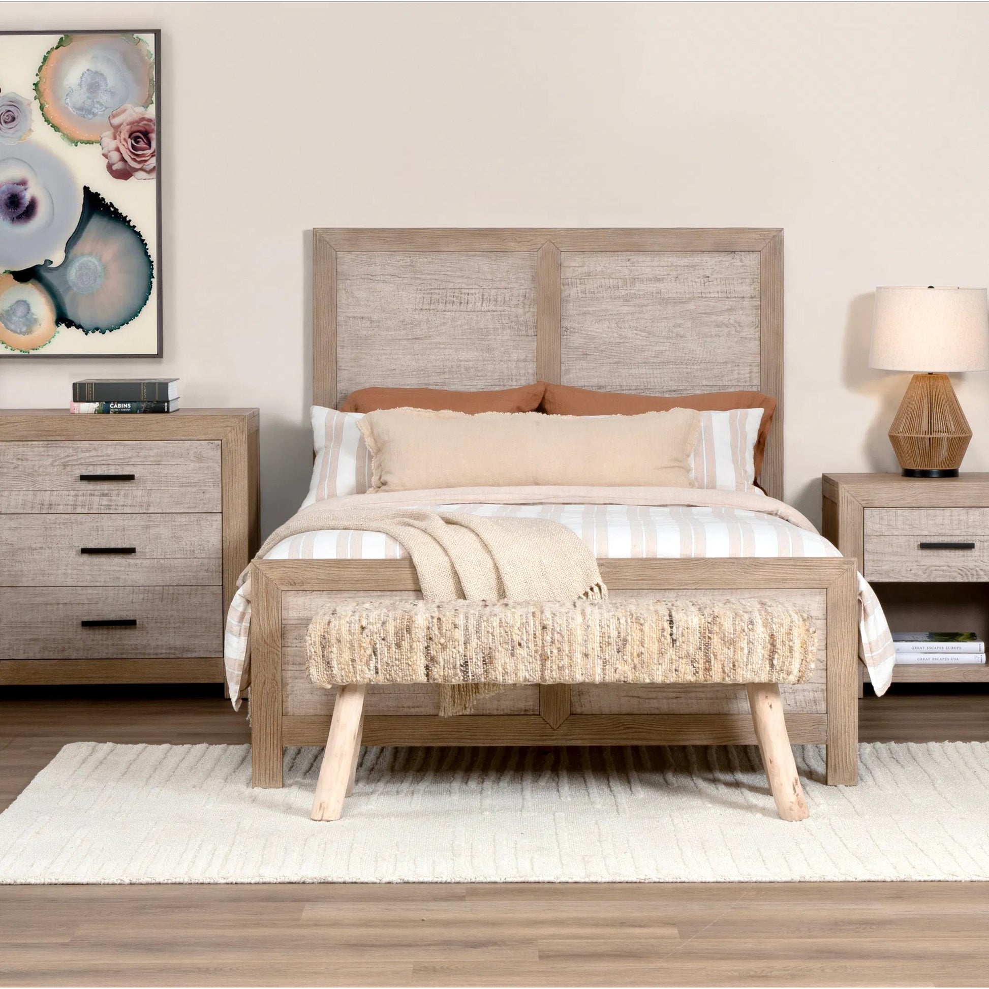 Tyrone Bed by Arch & Plane in light, grey warm wash finish. Made from solid pine wood, pine veneer in a transitional style.