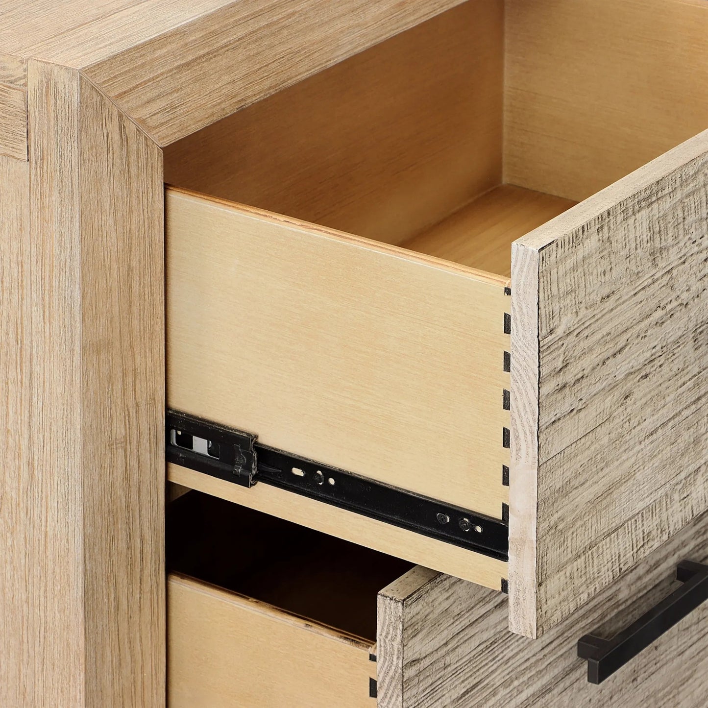 006 SI-2350597 | Closeup | Tyrone Double Drawer Nightstand by Arch & Plane in light, grey warm wash finish. Made from solid pine wood, pine veneer in a transitional style.