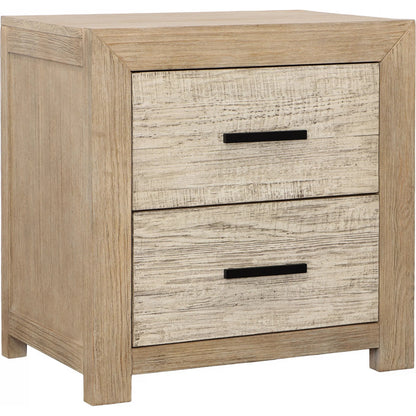 Tyrone Double Drawer Nightstand by Arch & Plane in light, grey warm wash finish. Made from solid pine wood, pine veneer in a transitional style.