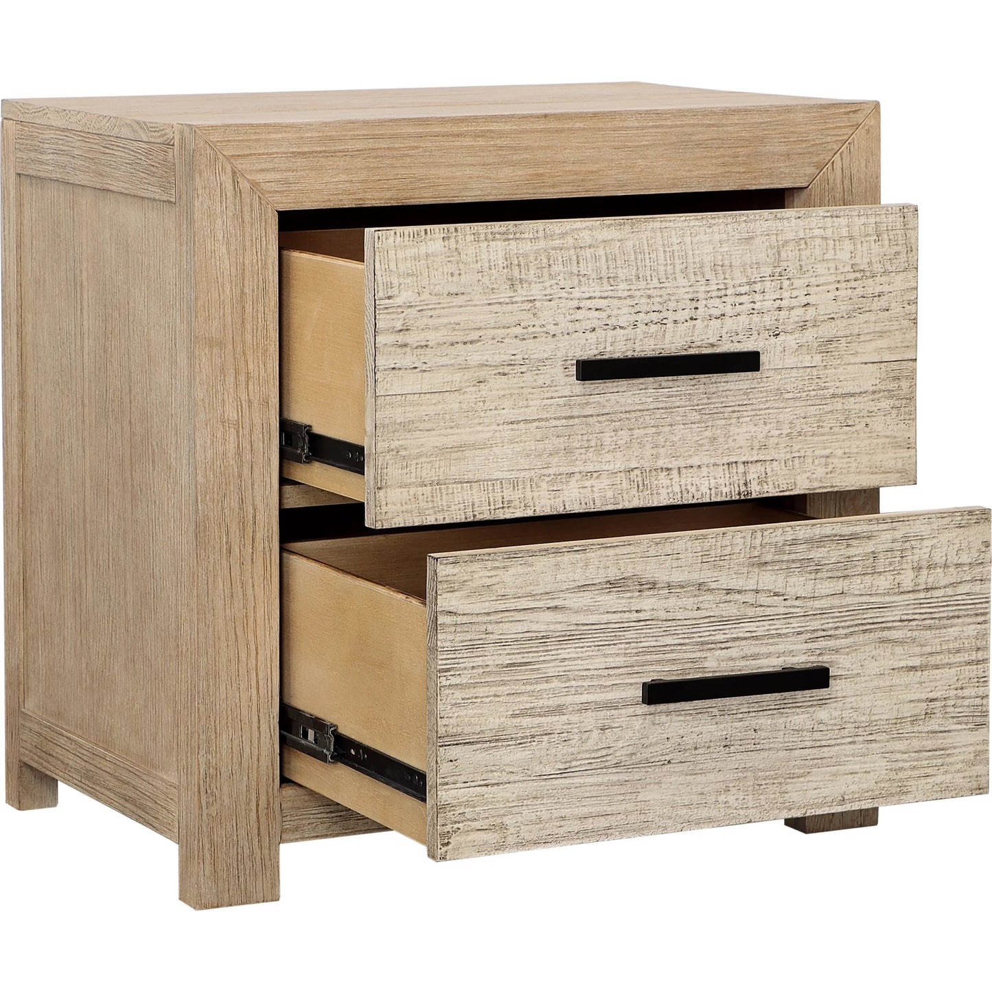 005 SI-2350597 | Additional Silo | Tyrone Double Drawer Nightstand by Arch & Plane in light, grey warm wash finish. Made from solid pine wood, pine veneer in a transitional style.