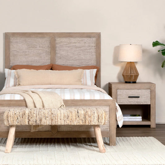 Dewayne Nightstand by Arch & Plane in light grey warm wash. Made from reclaimed pine wood in a unique style.