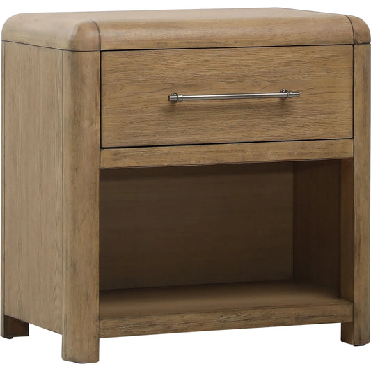 Tricia Nightstand by Arch & Plane in natural. Made from rubber wood, oak veneer in a unique style.