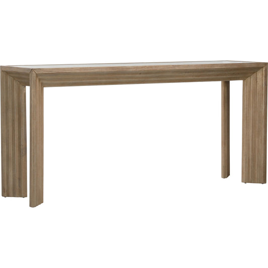 Marva Console Table by Arch & Plane in light warm wash finish. Made from pine wood, glass top in a transitional style.