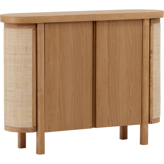 Elara Sideboard by Arch & Plane in natural. Made from rubber wood, oak veneer, cane in a unique style.