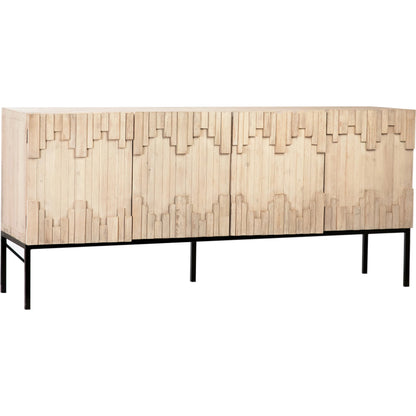 Imani Hand Carved Sideboard by Arch & Plane in natural, light brown, black and light warm wash finish. Made from reclaimed pine wood, iron in a modern style.