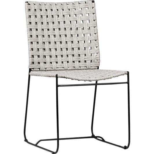 Ezra Outdoor Dining Chair by Arch & Plane in grey rope with black powder coated frame. Made from powder coated aluminum, all-weather flat weave rope in a unique style.