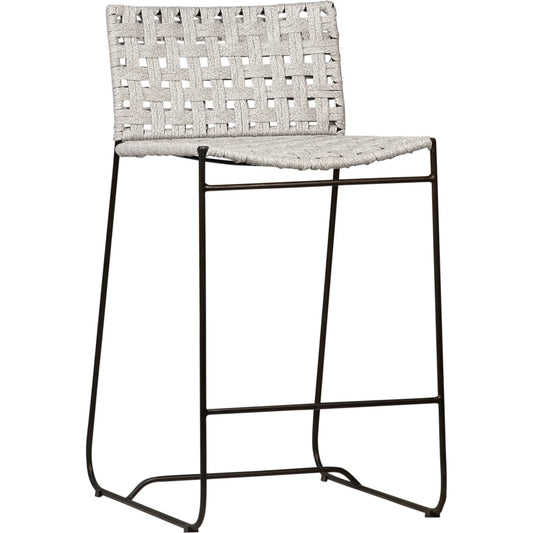 Indra Indoor/Outdoor Woven Rope Counter Stool by Arch & Plane in sand, brown, cream and natural cream color rope, powder coated black finish. Made from iron, wide polyethylene flat rope in a modern style.
