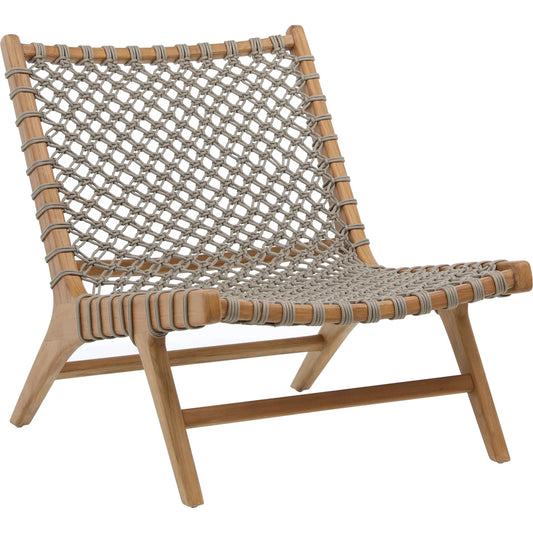 Mario Outdoor Occasional Chair by Arch & Plane in natural wood finish, taupe rope. Made from teak wood, rope weaving in a unique style.