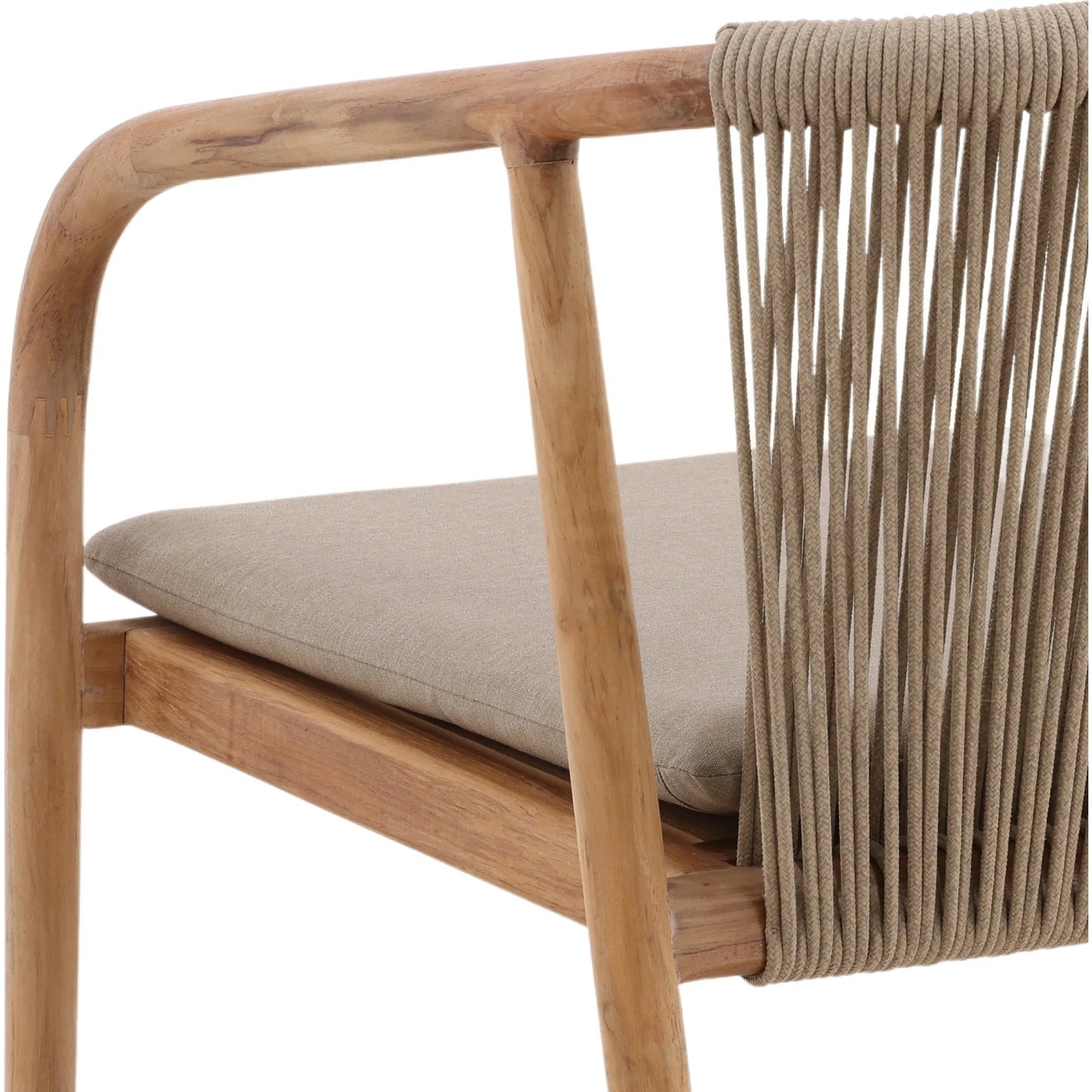 005 SI-2350630 | Closeup | Carson Outdoor Dining Chair by Arch & Plane in beige, natural. Made from synthetic rope, olefin fabric, teak wood in a transitional style.