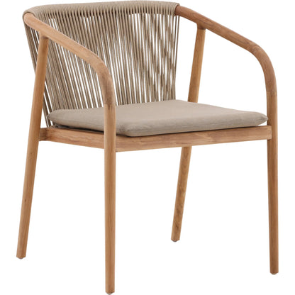 Carson Outdoor Dining Chair by Arch & Plane in beige, natural. Made from synthetic rope, olefin fabric, teak wood in a transitional style.