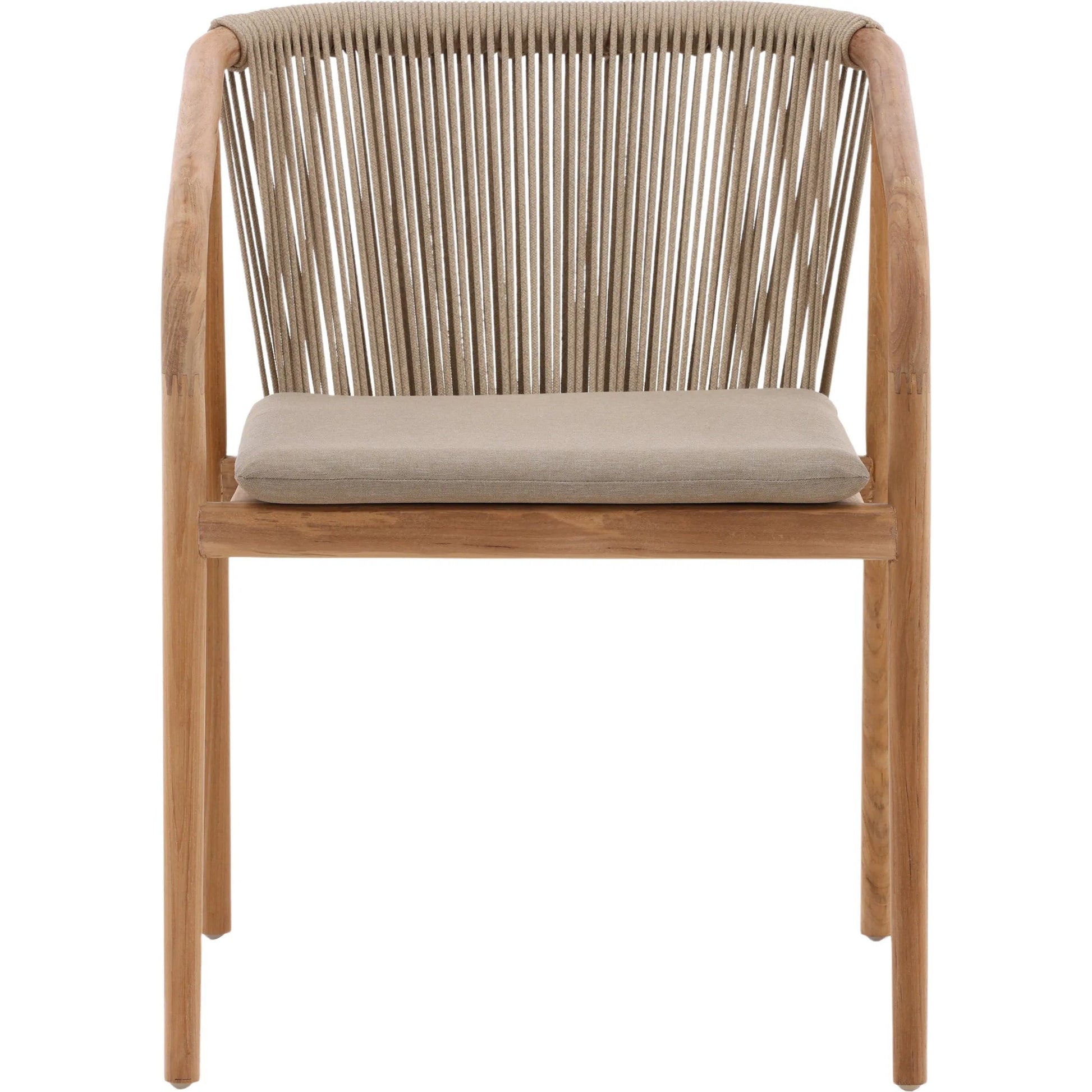 Carson Outdoor Dining Chair by Arch & Plane in beige, natural. Made from synthetic rope, olefin fabric, teak wood in a transitional style.
