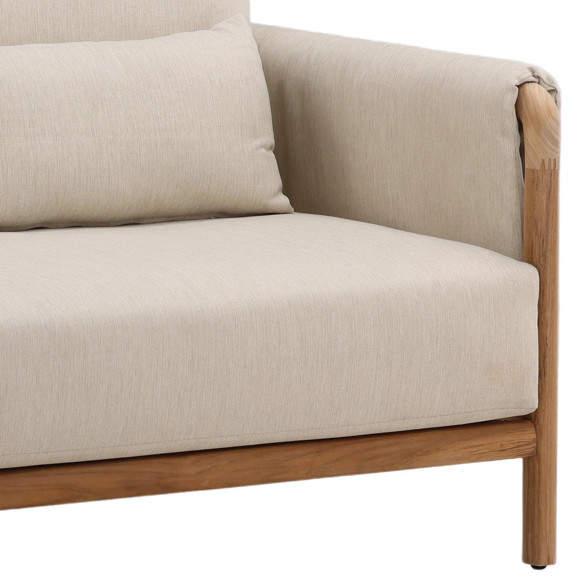 Chanel Outdoor Sofa by Arch & Plane in beige, natural. Made from outdoor basketweave fabric, teak wood in a transitional style.