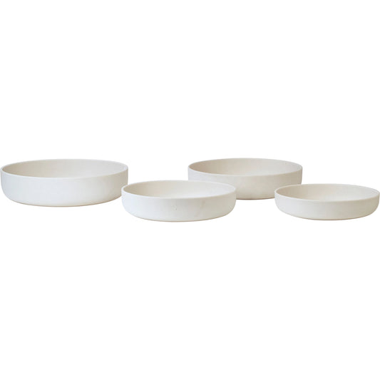 Minimalist Indoor/Outdoor Shallow Platters by Arch & Plane in white and natural white sand finish. Made from lightweight concrete in a modern style.