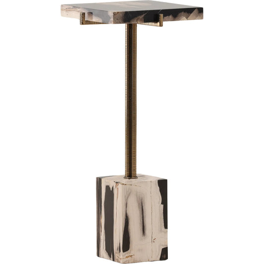 Cyra Side Table by Arch & Plane in black, brass. Made from petrified wood, stainless steel in a unique style.