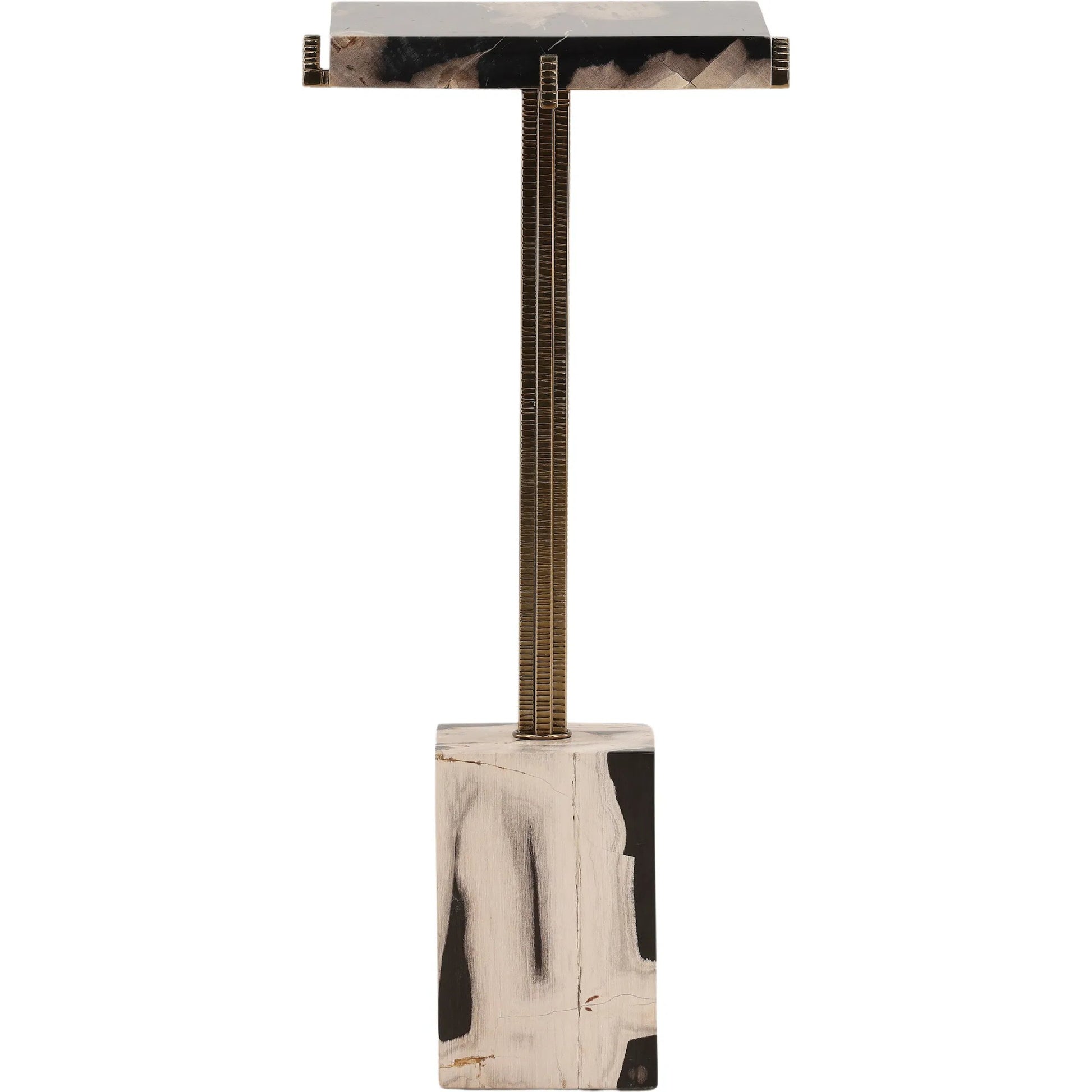 Ezra Side Table by Arch & Plane in black, brass. Made from petrified wood, stainless steel in a modern style.