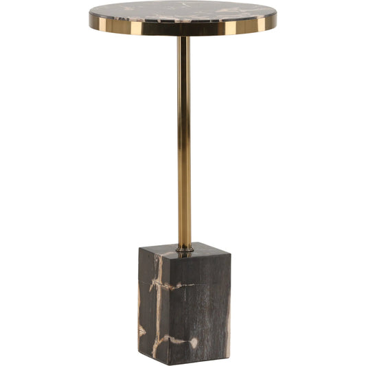 Neve Side Table by Arch & Plane in black, brass. Made from petrified wood, stainless steel in a unique style.