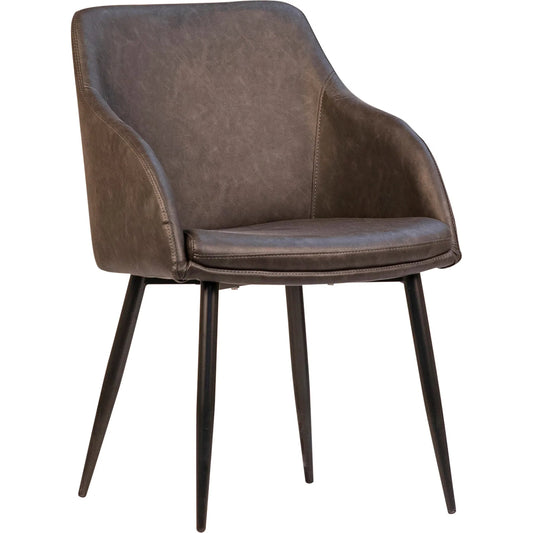 Edda Dining Chair by Arch & Plane in antique brown upholstery, black powder coated legs. Made from pu leather upholstery, metal legs in a unique style.