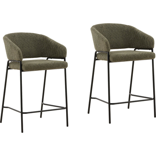 Cathey Counter Stool (Set of 2) by Arch & Plane in olive. Made from boucle upholstery, iron in a unique style.