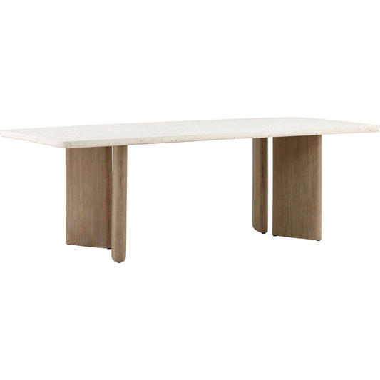 Miley Terrazzo Outdoor Dining Table by Arch & Plane in grey, white, brown and white speckled terrazzo with a clear seal, antique wood stain finish. Made from terrazzo, acacia wood in a modern style.