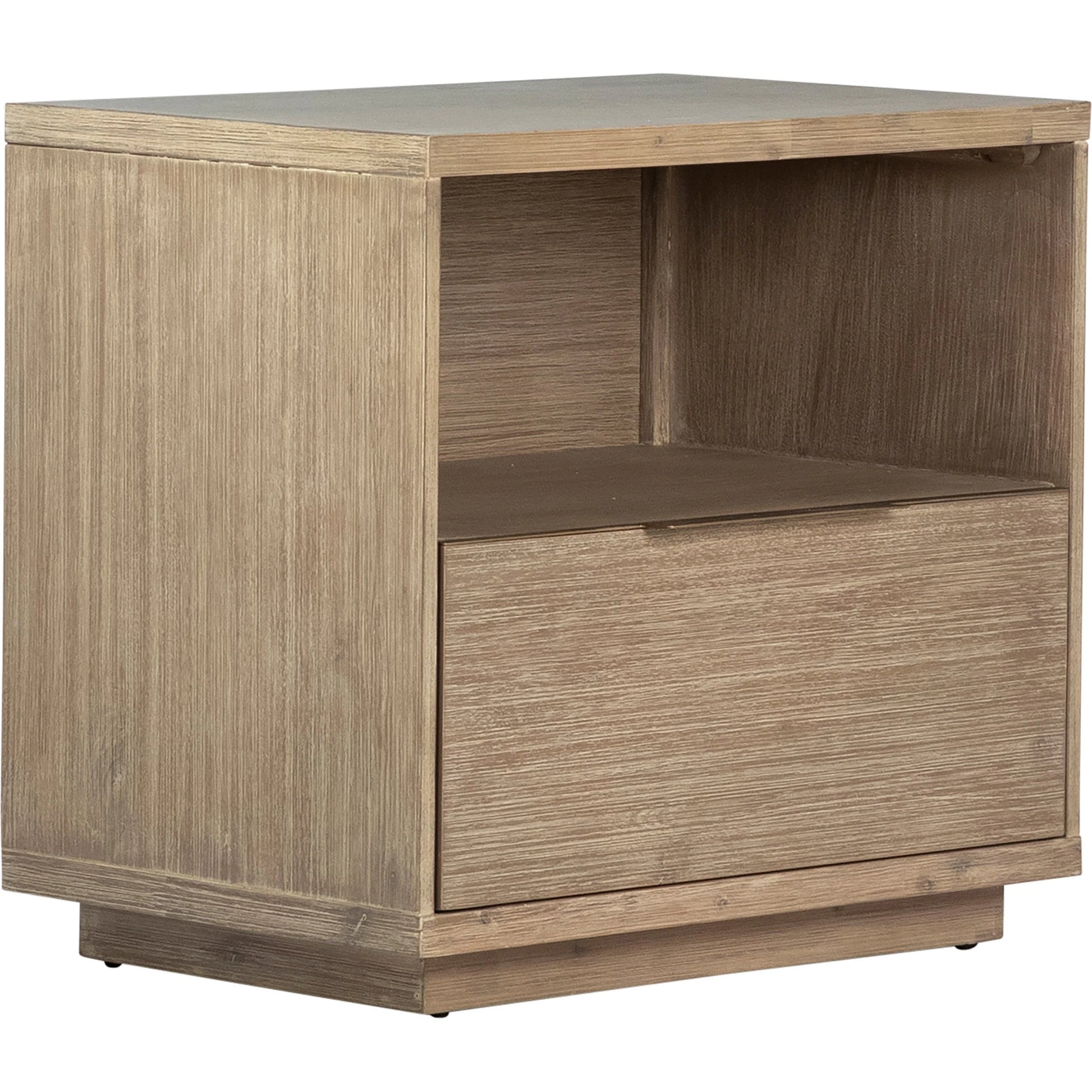 Zoraida Modern Storage Nightstand by Arch & Plane in natural, brown and light warm wash sealed finish. Made from acacia wood in a modern style.