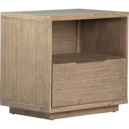 Zoraida Modern Storage Nightstand by Arch & Plane in natural, brown and light warm wash sealed finish. Made from acacia wood in a modern style.