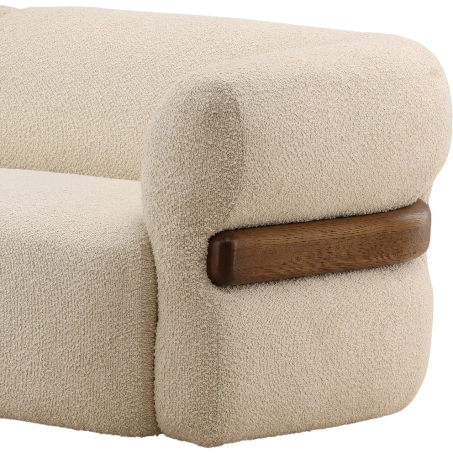 006 SI-2532873 | Closeup | Antwan Sofa by Arch & Plane in olana cream, brown. Made from boucle fabric, oak wood in a unique style.