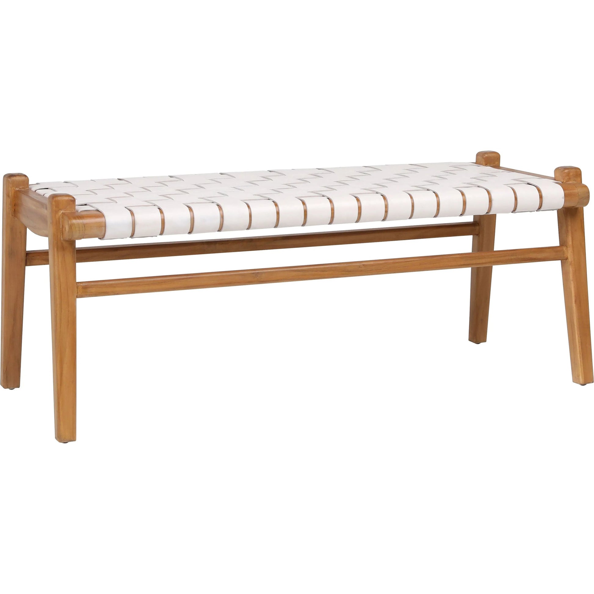 Santiago Teak and Woven Leather Bench by Arch & Plane in black and stain. Made from full grain leather in a coastal style.