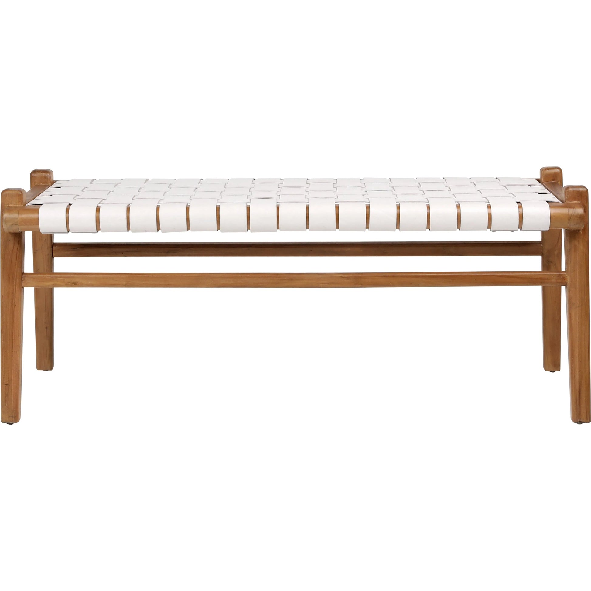 Santiago Teak and Woven Leather Bench by Arch & Plane in black and stain. Made from full grain leather in a coastal style.