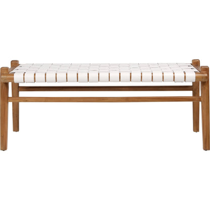 Santiago Teak and Woven Leather Bench by Arch & Plane in black and stain. Made from full grain leather in a coastal style.