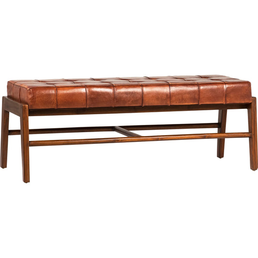Dennis Bench by Arch & Plane in brown leather, stained wood finish. Made from full grain leather upholstery, teak wood frame in a unique style.