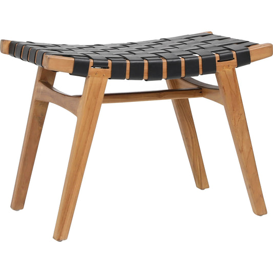 Camila Stool by Arch & Plane in antique black leather, natural wood. Made from full grain leather upholstery woven on a teak wood frame in a unique style.