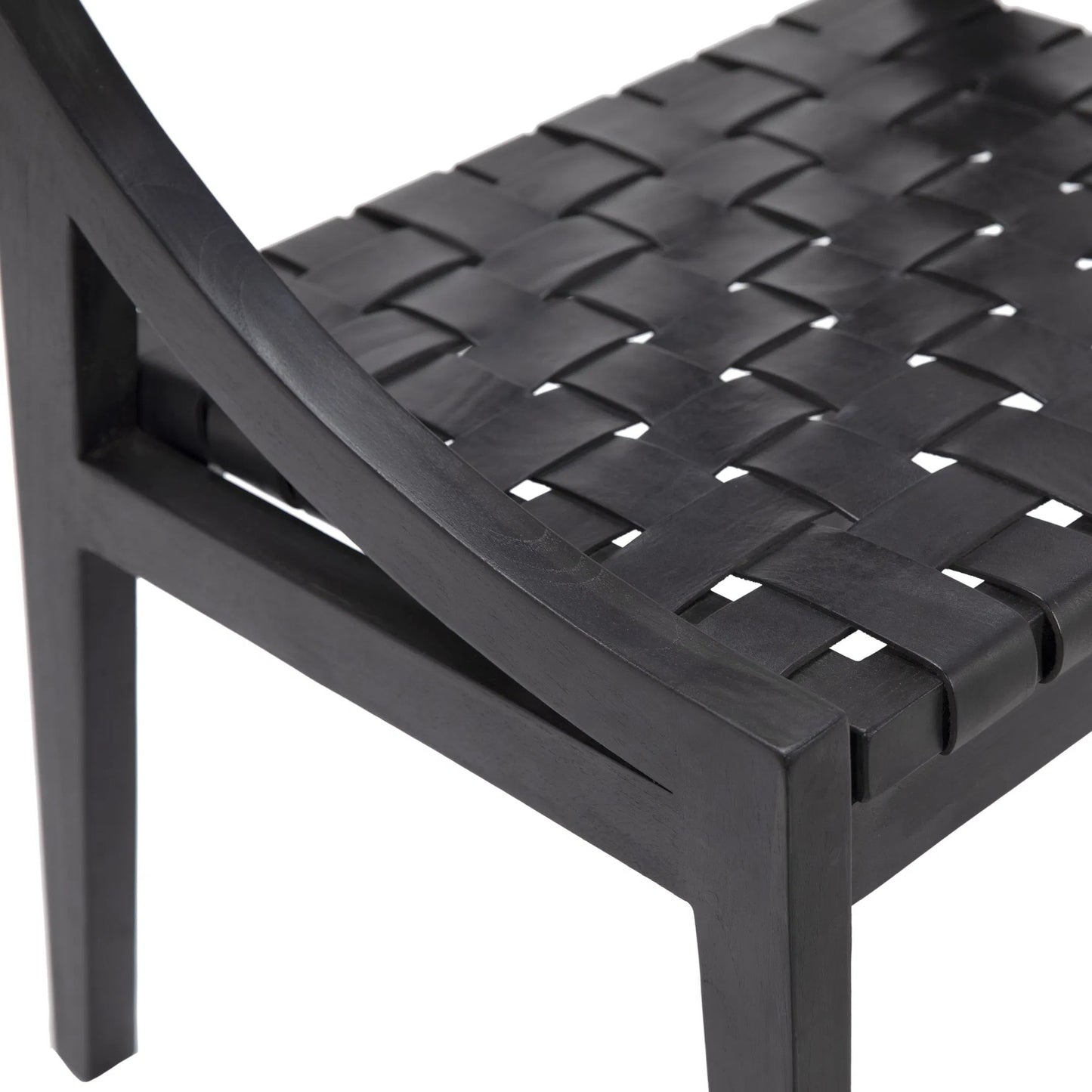 004 SI-1924454 | Closeup | Granville Black Teak and Black Woven Leather Chair by Arch & Plane in black and black. Made from full grain leather in a modern style.