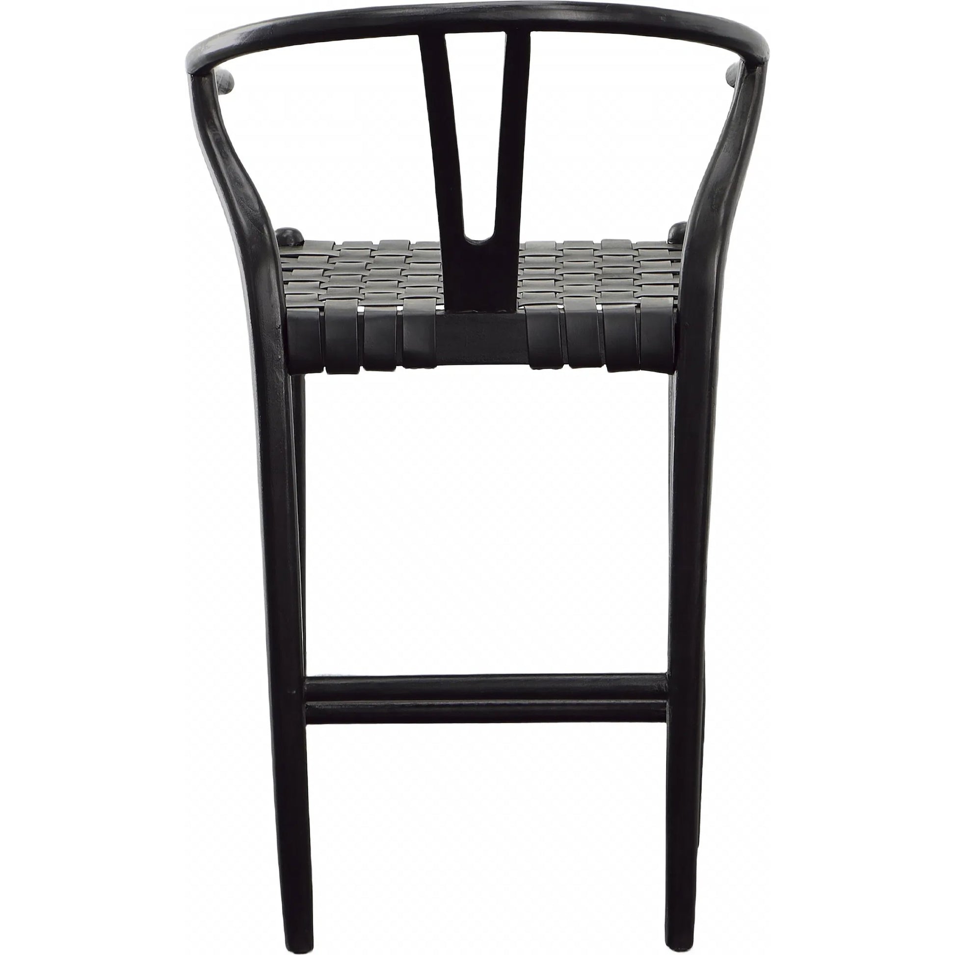 Bernice Counter Stool by Arch & Plane in antique black. Made from teak wood frame with full grain leather weave in a unique style.