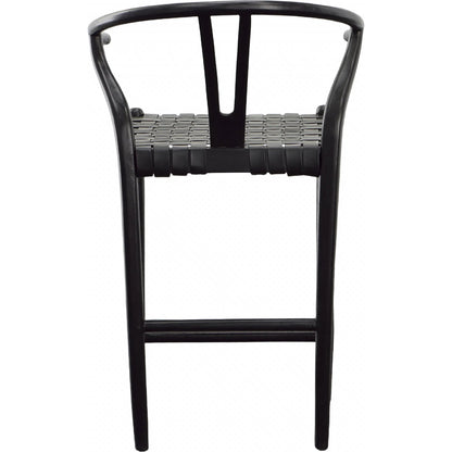 Bernice Counter Stool by Arch & Plane in antique black. Made from teak wood frame with full grain leather weave in a unique style.