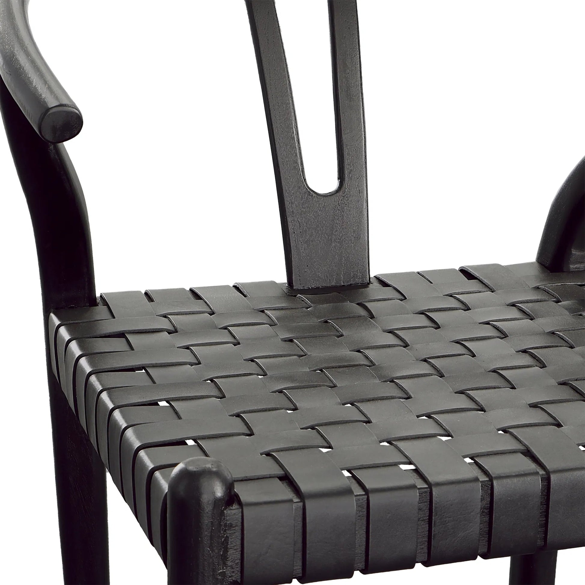 Bernice Counter Stool by Arch & Plane in antique black. Made from teak wood frame with full grain leather weave in a unique style.