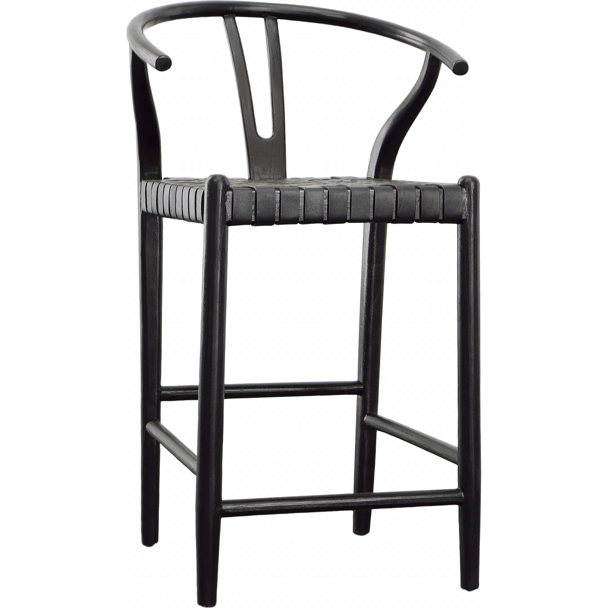 Bernice Counter Stool by Arch & Plane in antique black. Made from teak wood frame with full grain leather weave in a unique style.