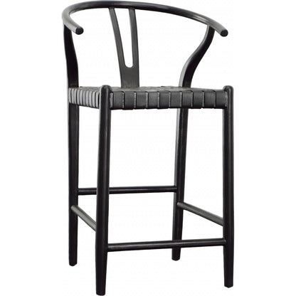 Bernice Counter Stool by Arch & Plane in antique black. Made from teak wood frame with full grain leather weave in a unique style.