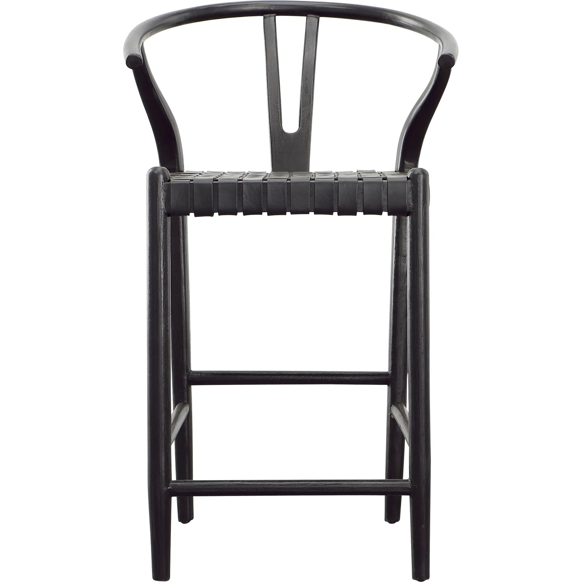 Bernice Counter Stool by Arch & Plane in antique black. Made from teak wood frame with full grain leather weave in a unique style.