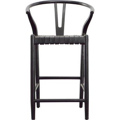 Bernice Counter Stool by Arch & Plane in antique black. Made from teak wood frame with full grain leather weave in a unique style.