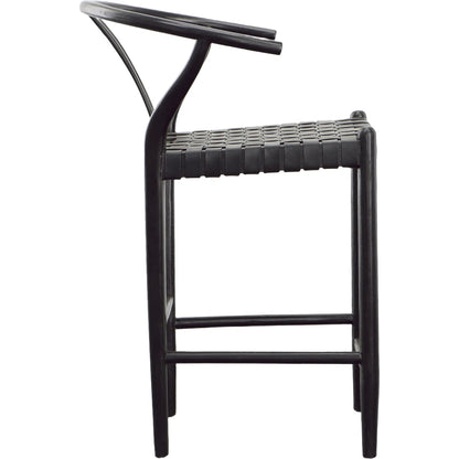 Bernice Counter Stool by Arch & Plane in antique black. Made from teak wood frame with full grain leather weave in a unique style.