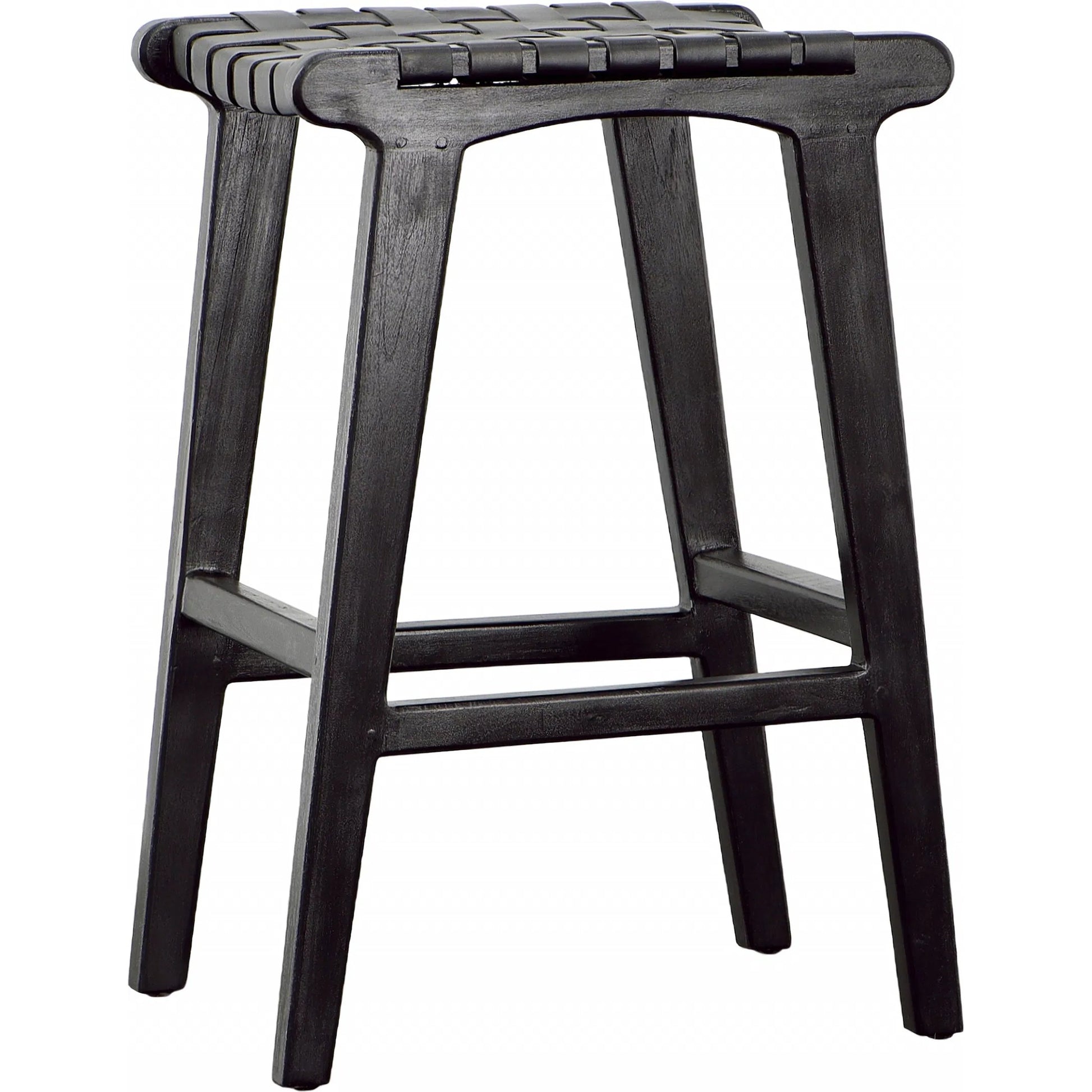 Dale Backless Counter Stool by Arch & Plane in antique black. Made from teak wood, full grain leather in a modern style.