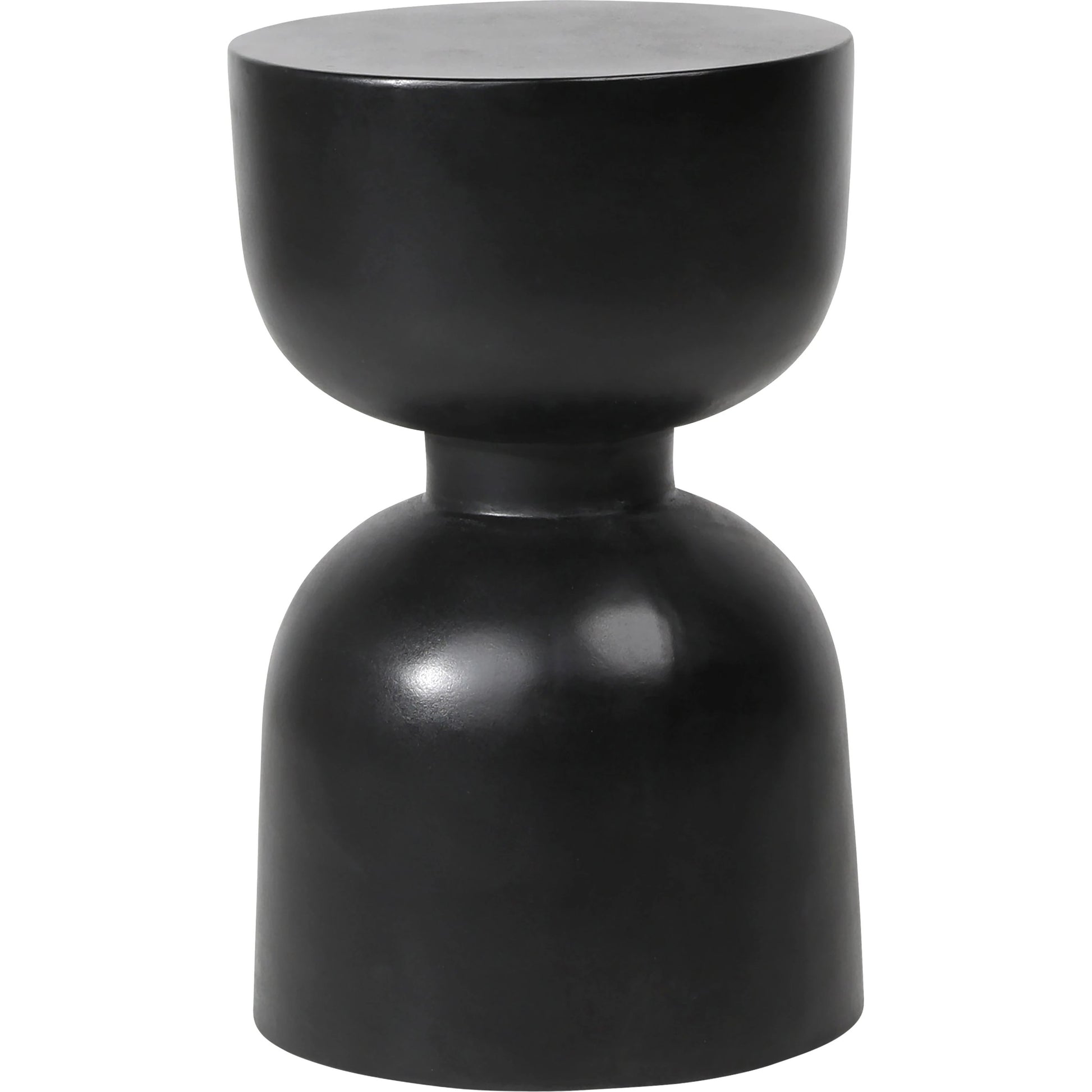 Riley Black Hourglass Outdoor Side Table by Arch & Plane in black and smooth black paint with acrylic sealed finish. Made from lightweight concrete in a modern style.