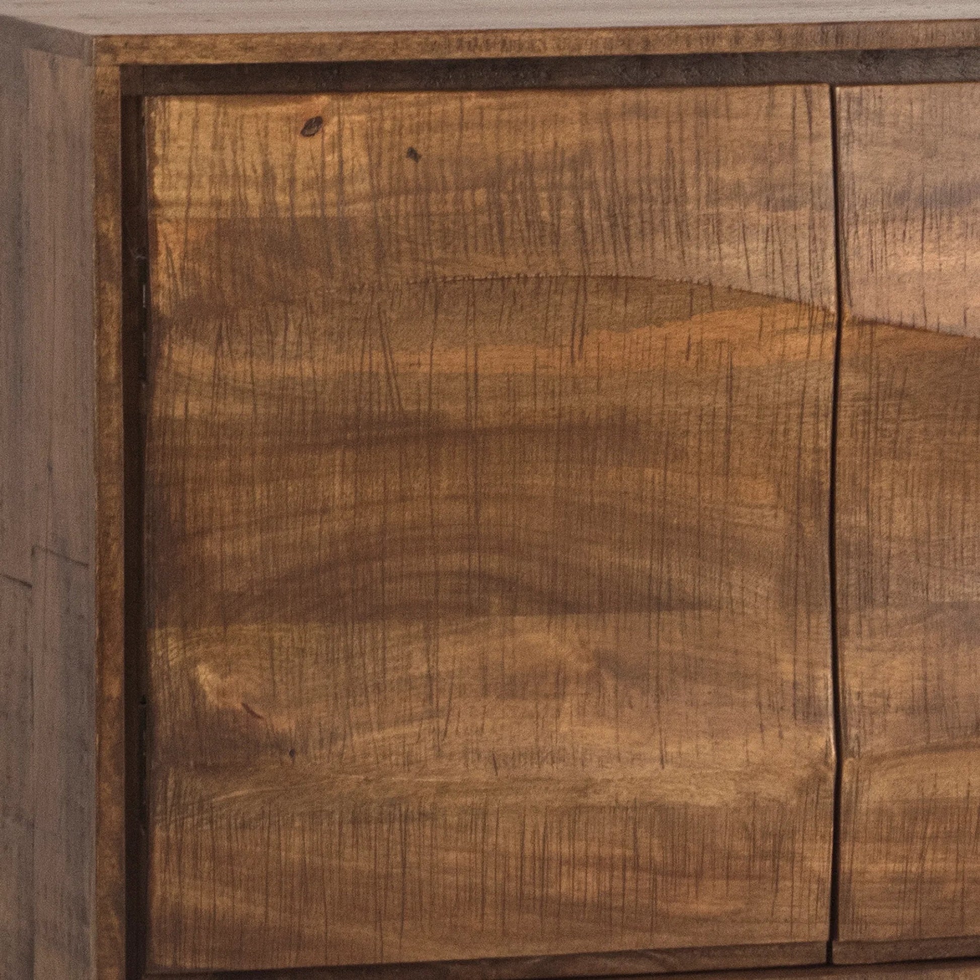 Arvil Sideboard by Arch & Plane in brown wood sealed finish. Made from mango wood, iron legs in a transitional style.