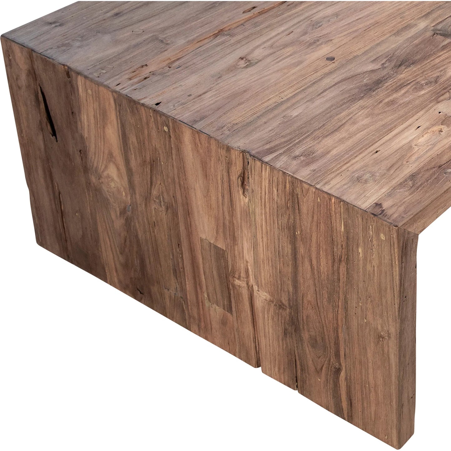005 SI-1924461 | Closeup | Alaina Reclaimed Teak Waterfall Coffee Table by Arch & Plane in medium brown and clear seal. Made from reclaimed teak in a modern style.