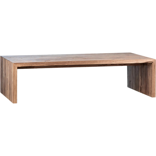 Alaina Reclaimed Teak Waterfall Coffee Table by Arch & Plane in medium brown and clear seal. Made from reclaimed teak in a modern style.