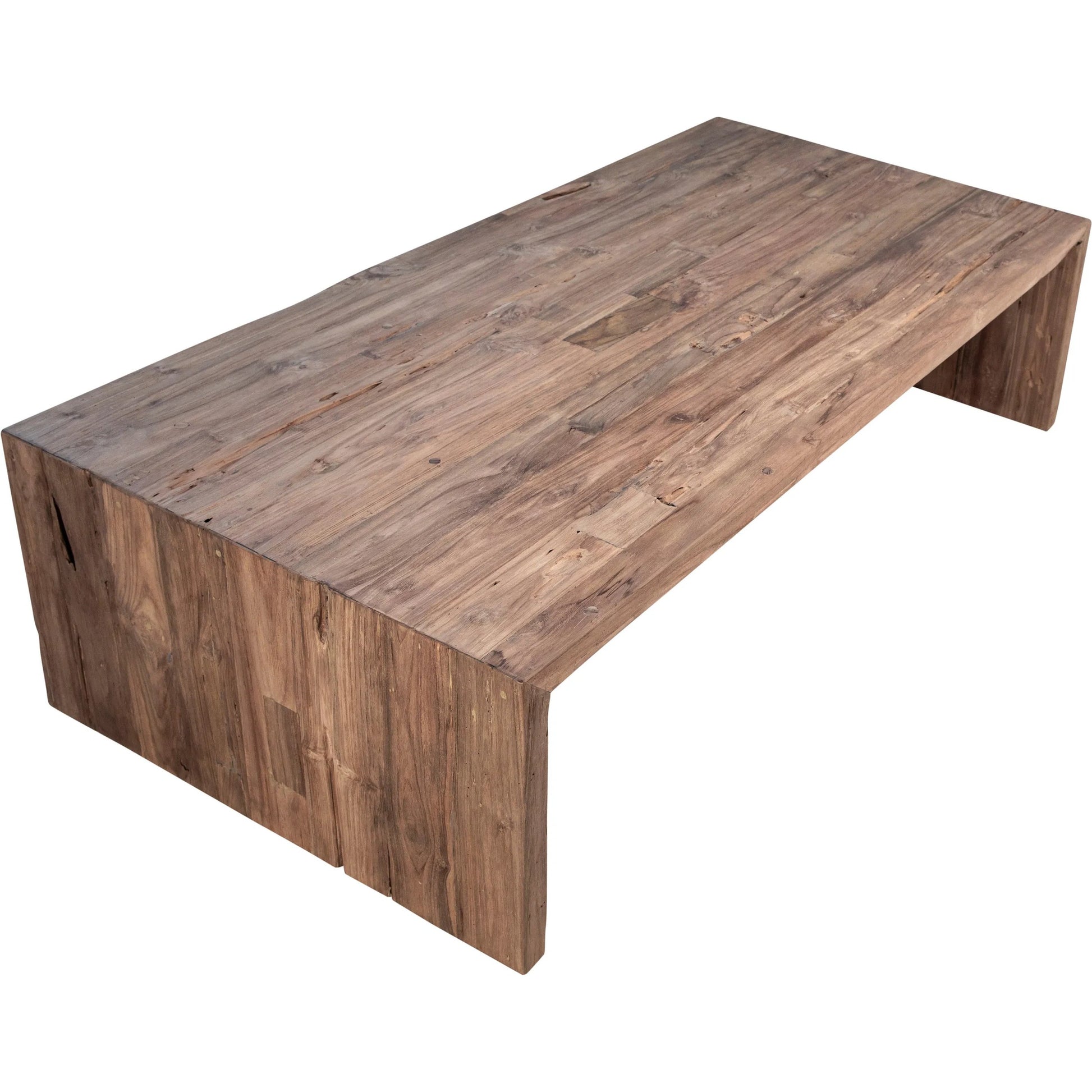 Alaina Reclaimed Teak Waterfall Coffee Table by Arch & Plane in medium brown and clear seal. Made from reclaimed teak in a modern style.