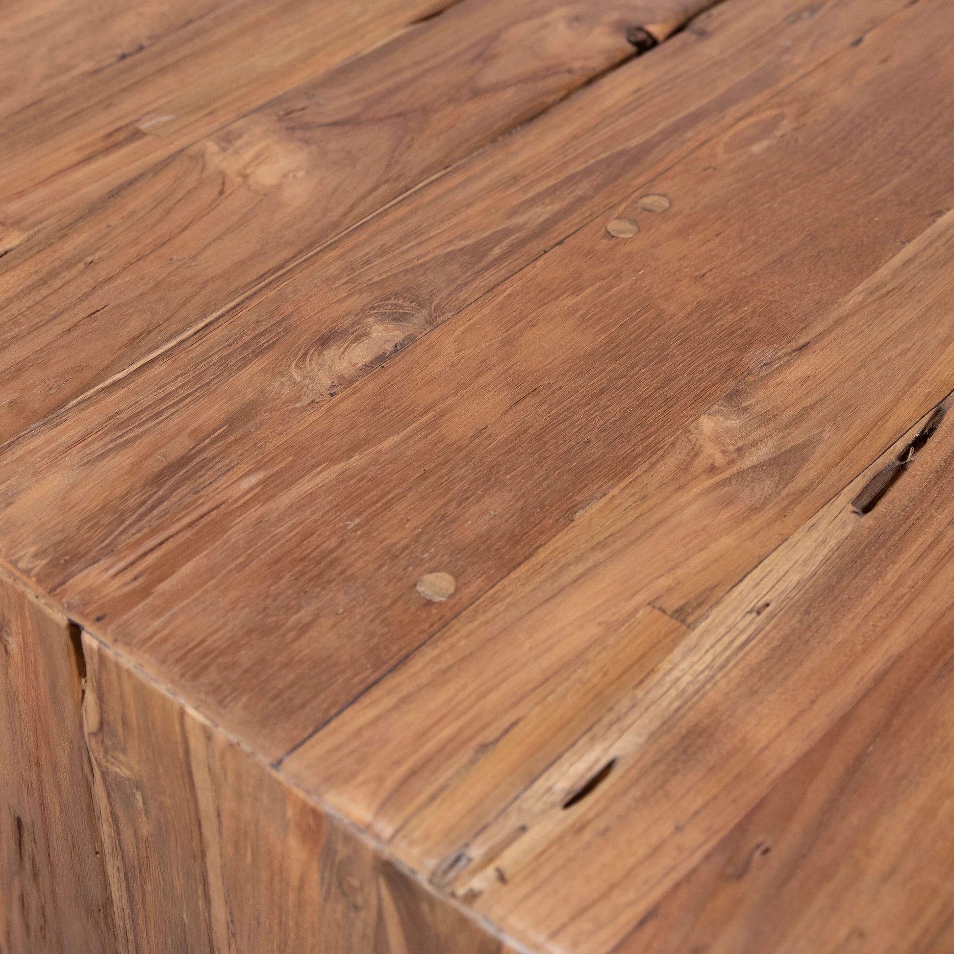 Reclaimed Wood Waterfall Dining Table by Arch & Plane in natural, brown and medium brown wax sealed finish. Made from reclaimed teak wood in a modern style.