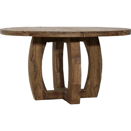 Hellen Round Outdoor Dining Table by Arch & Plane in medium brown. Made from reclaimed teak wood in a unique style.
