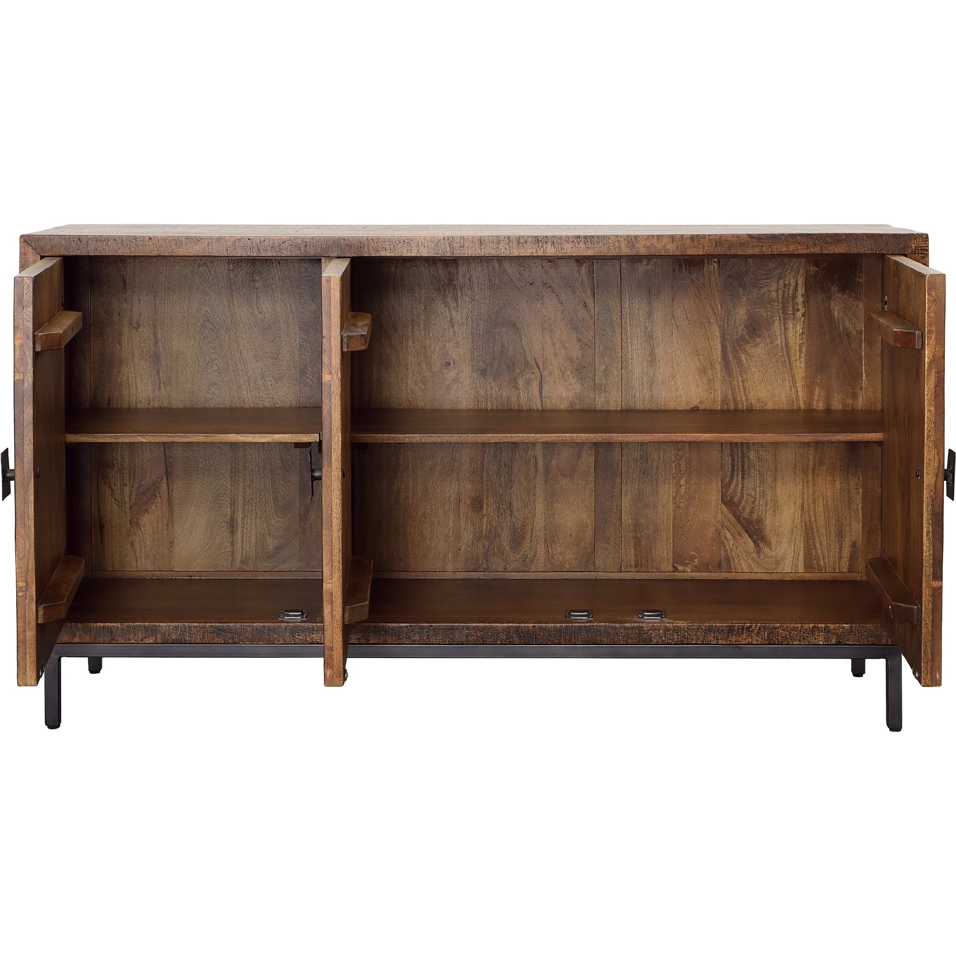 Herb Sideboard by Arch & Plane in medium brown, antique black base, hammered handles. Made from mango wood, iron in a traditional style.